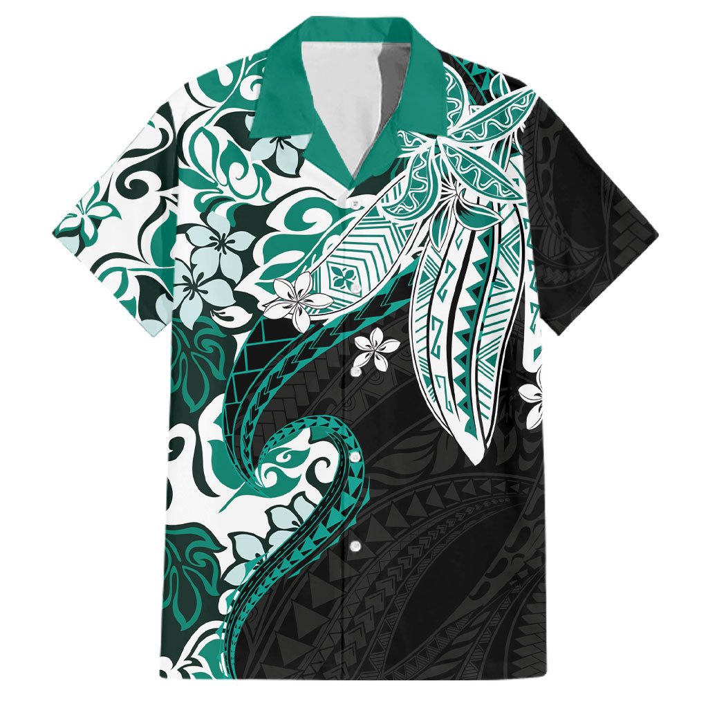 Monstera Plumeria Flowers Teal Family Matching Tank Maxi Dress and Hawaiian Shirt Polynesian Pattern