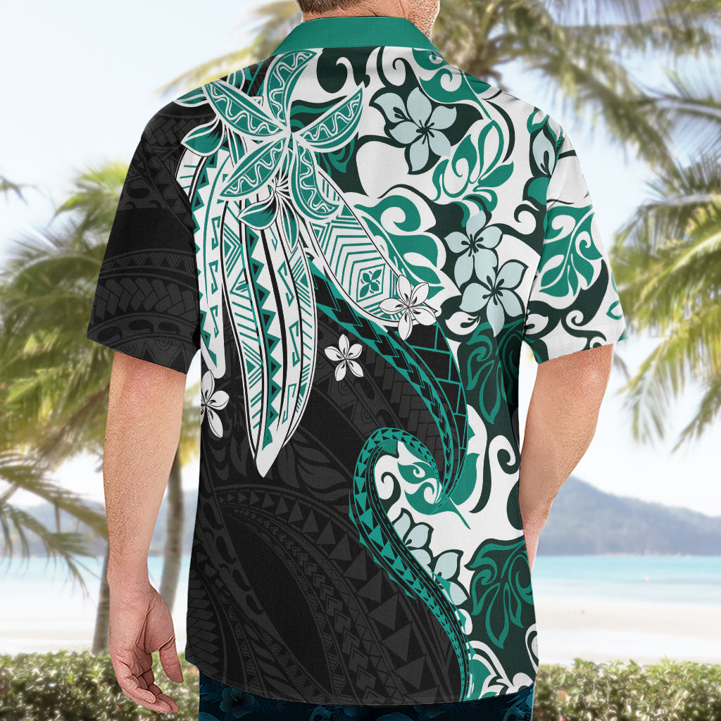 Monstera Plumeria Flowers Teal Hawaiian Shirt Polynesian Pattern