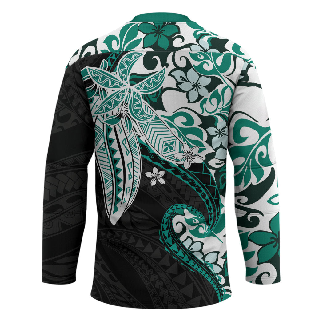 Monstera Plumeria Flowers Teal Hockey Jersey Polynesian Pattern