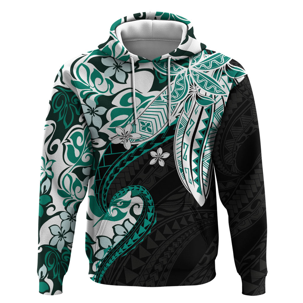 Monstera Plumeria Flowers Teal Hoodie Polynesian Pattern
