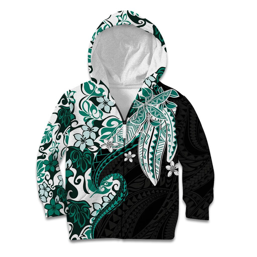 Monstera Plumeria Flowers Teal Kid Hoodie Polynesian Pattern