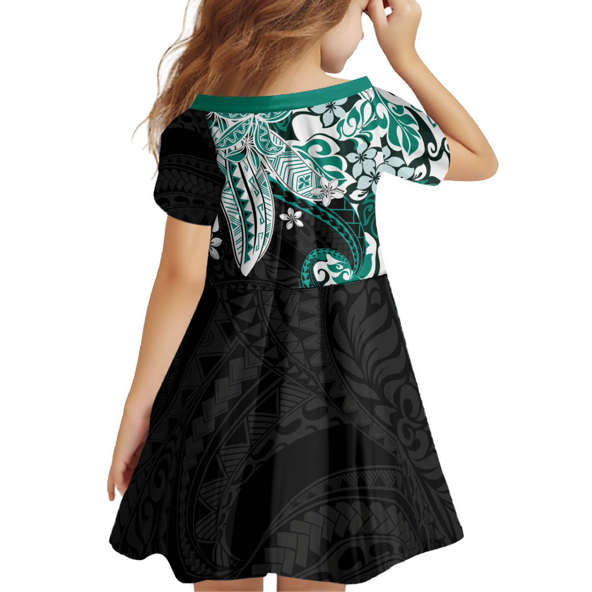 Monstera Plumeria Flowers Teal Kid Short Sleeve Dress Polynesian Pattern