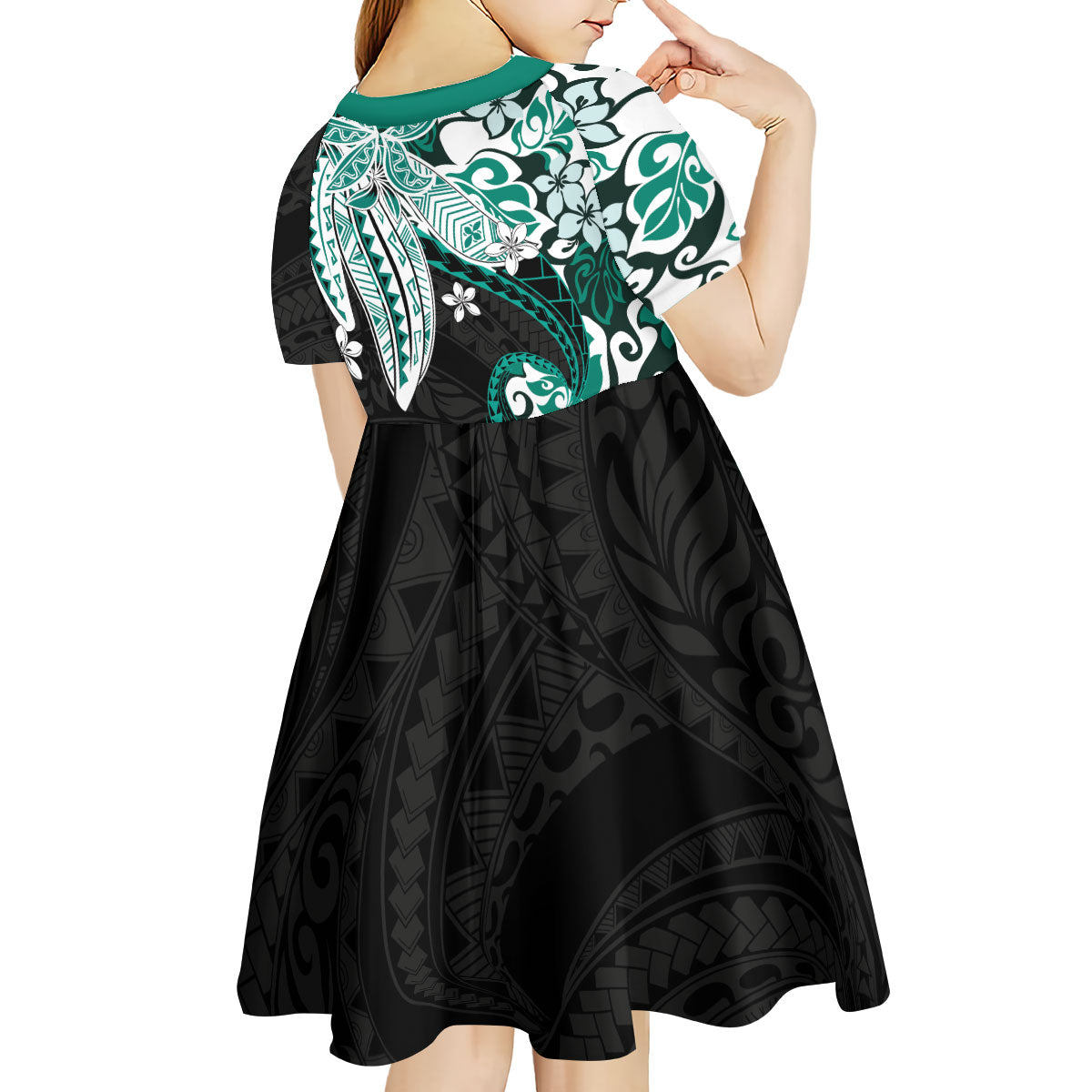 Monstera Plumeria Flowers Teal Kid Short Sleeve Dress Polynesian Pattern