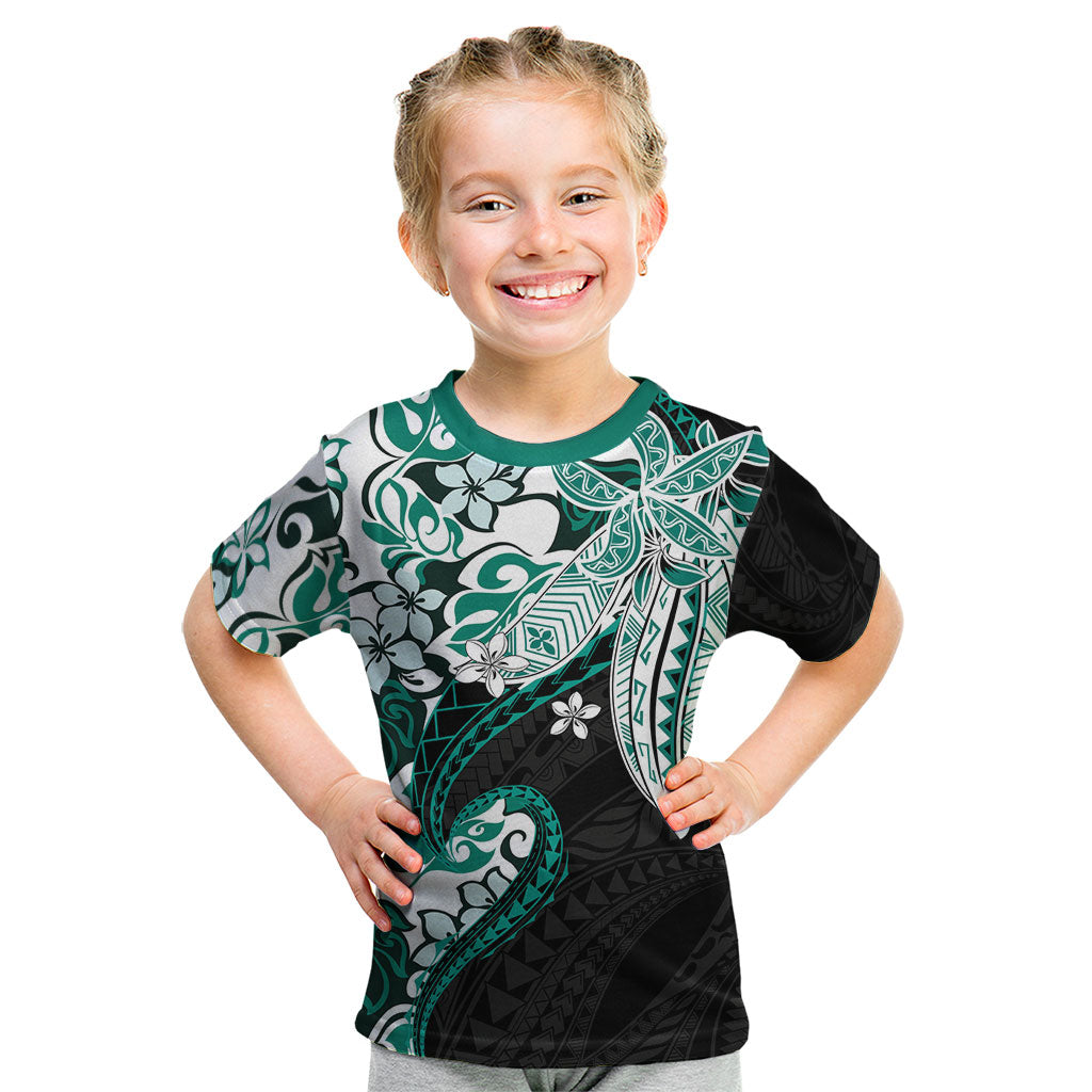 Monstera Plumeria Flowers Teal Kid T Shirt Polynesian Pattern