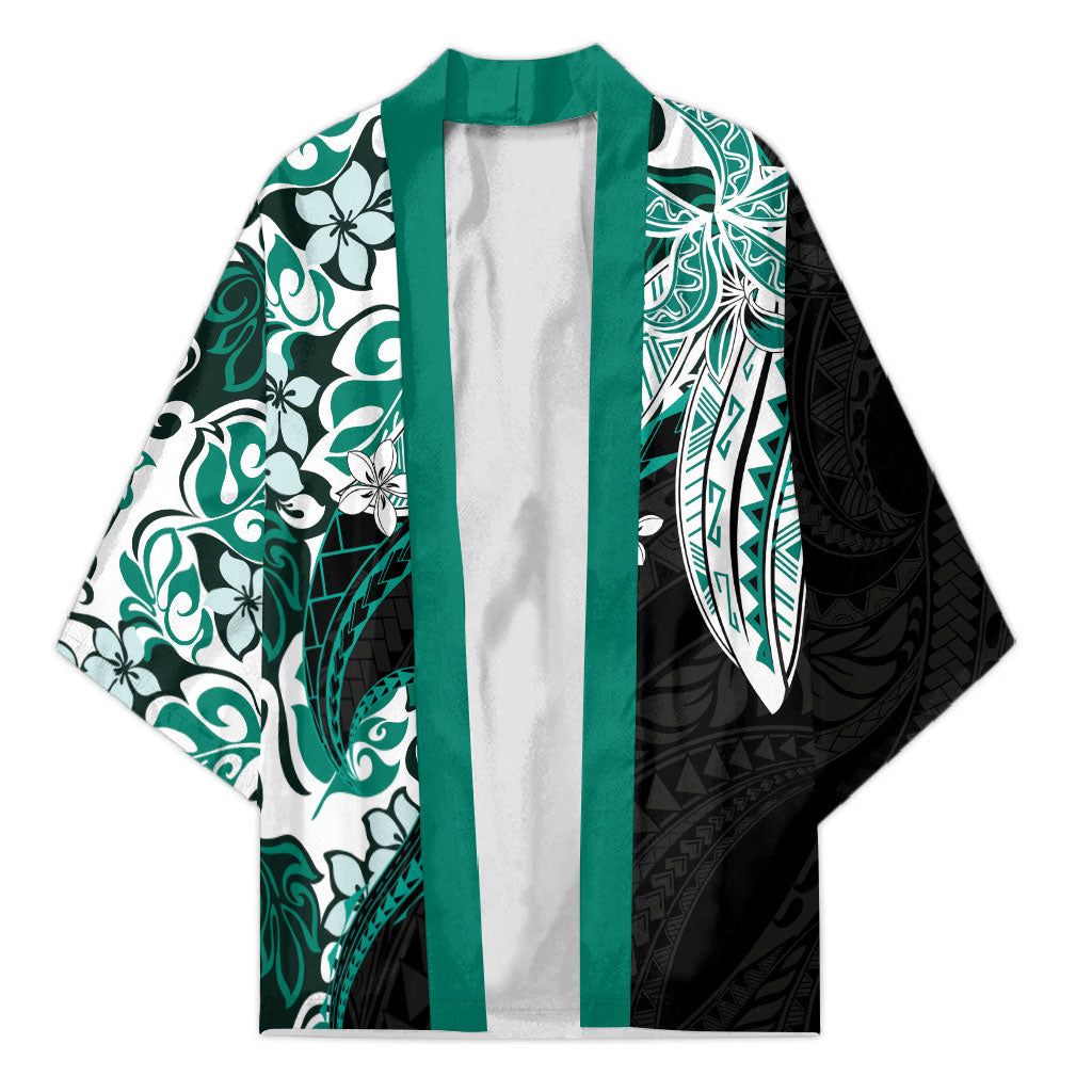 Monstera Plumeria Flowers Teal Kimono Polynesian Pattern