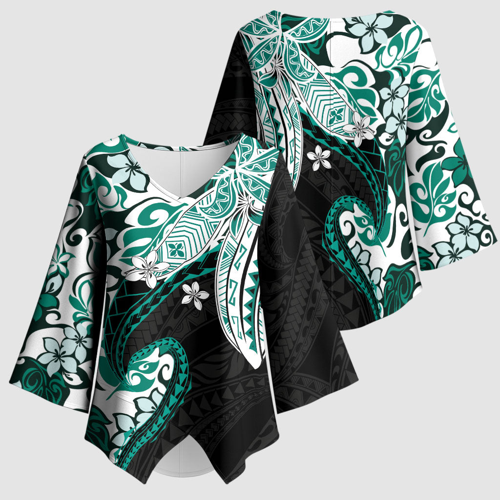 Monstera Plumeria Flowers Teal Kimono Sleeve Blouse Polynesian Pattern