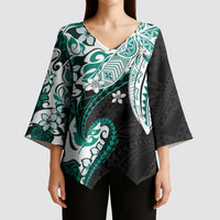 Monstera Plumeria Flowers Teal Kimono Sleeve Blouse Polynesian Pattern