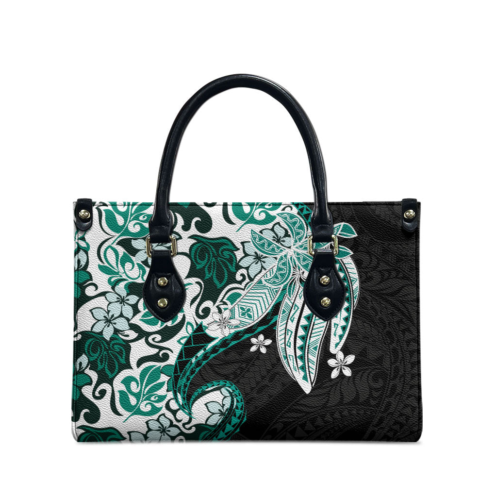 Monstera Plumeria Flowers Teal Leather Bag Polynesian Pattern