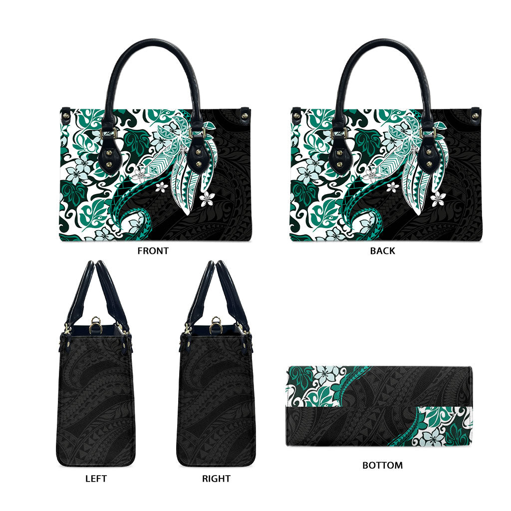 Monstera Plumeria Flowers Teal Leather Bag Polynesian Pattern