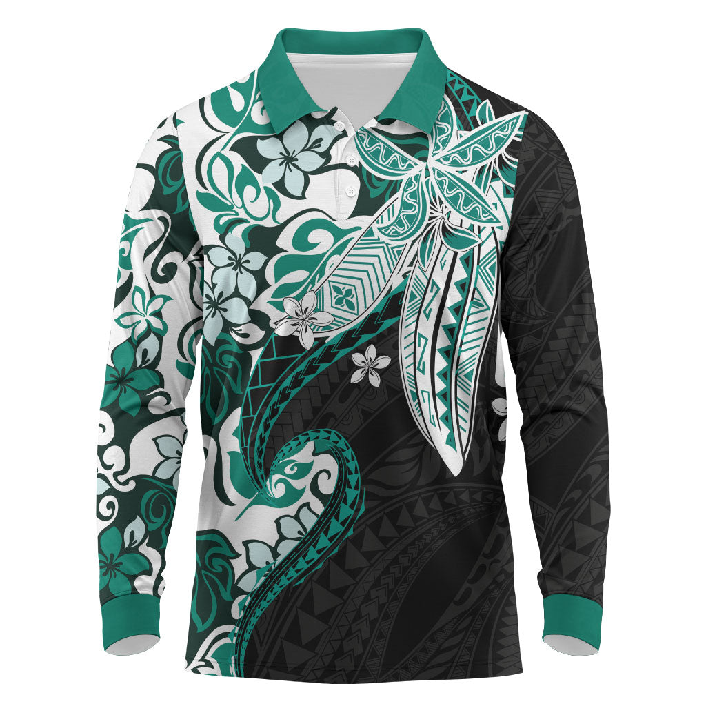 Monstera Plumeria Flowers Teal Long Sleeve Polo Shirt Polynesian Pattern