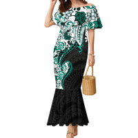 Monstera Plumeria Flowers Teal Mermaid Dress Polynesian Pattern