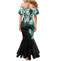 Monstera Plumeria Flowers Teal Mermaid Dress Polynesian Pattern