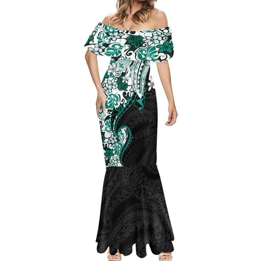Monstera Plumeria Flowers Teal Mermaid Dress Polynesian Pattern