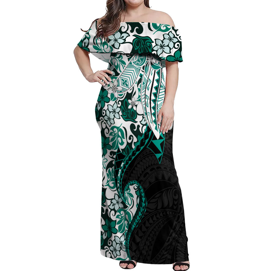 Monstera Plumeria Flowers Teal Off Shoulder Maxi Dress Polynesian Pattern