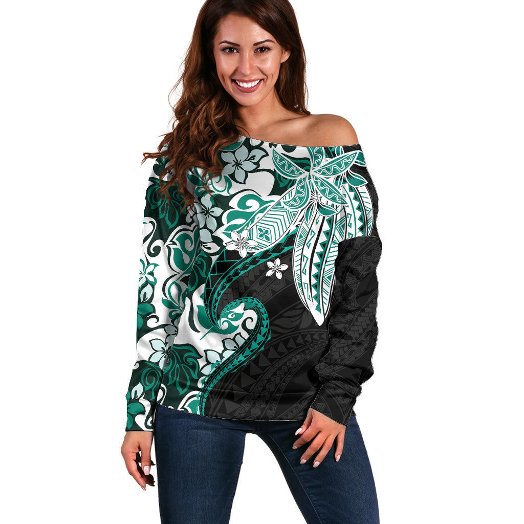 Monstera Plumeria Flowers Teal Off Shoulder Sweater Polynesian Pattern
