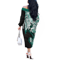 Monstera Plumeria Flowers Teal Off The Shoulder Long Sleeve Dress Polynesian Pattern