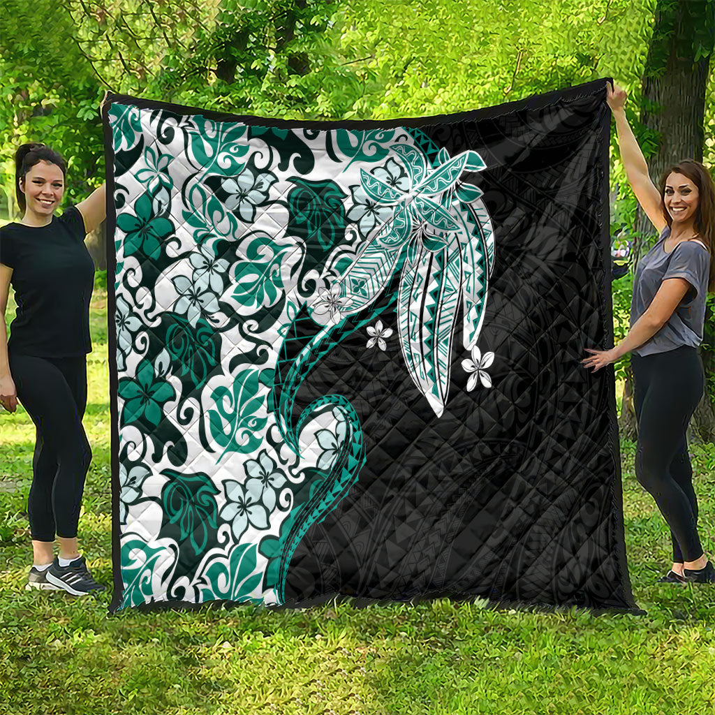 Monstera Plumeria Flowers Teal Quilt Polynesian Pattern