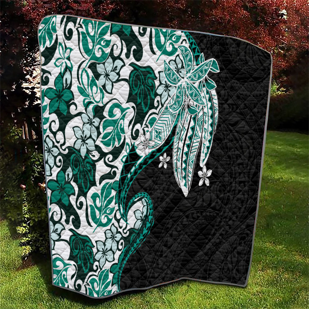 Monstera Plumeria Flowers Teal Quilt Polynesian Pattern