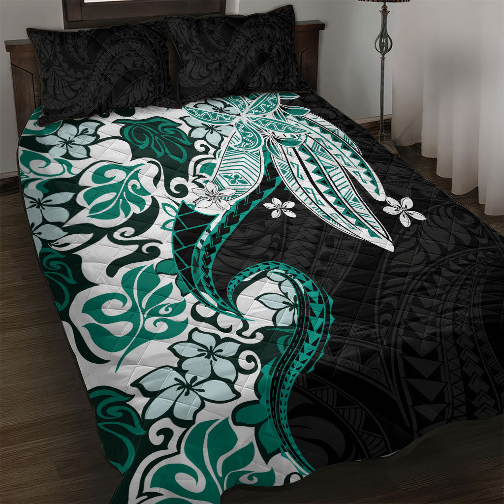 Monstera Plumeria Flowers Teal Quilt Bed Set Polynesian Pattern