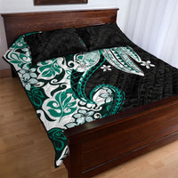 Monstera Plumeria Flowers Teal Quilt Bed Set Polynesian Pattern