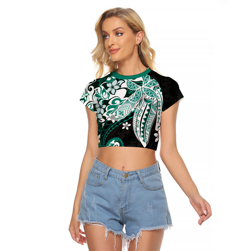 Monstera Plumeria Flowers Teal Raglan Cropped T Shirt Polynesian Pattern