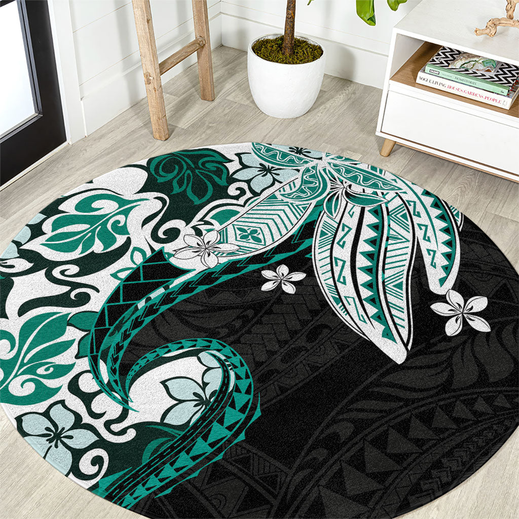 Monstera Plumeria Flowers Teal Round Carpet Polynesian Pattern