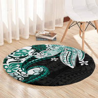 Monstera Plumeria Flowers Teal Round Carpet Polynesian Pattern