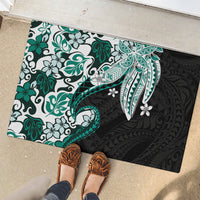 Monstera Plumeria Flowers Teal Rubber Doormat Polynesian Pattern