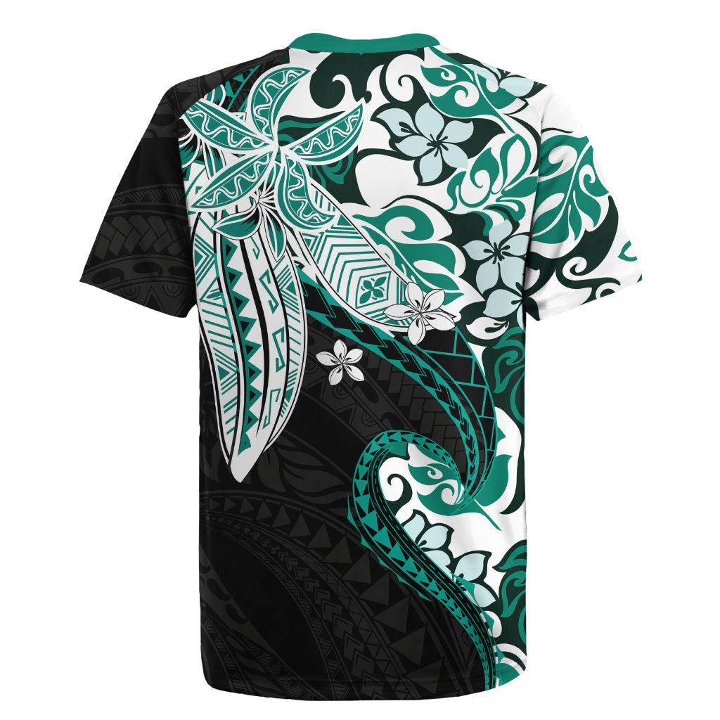 Monstera Plumeria Flowers Teal Rugby Jersey Polynesian Pattern