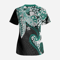Monstera Plumeria Flowers Teal Scrub Top Polynesian Pattern
