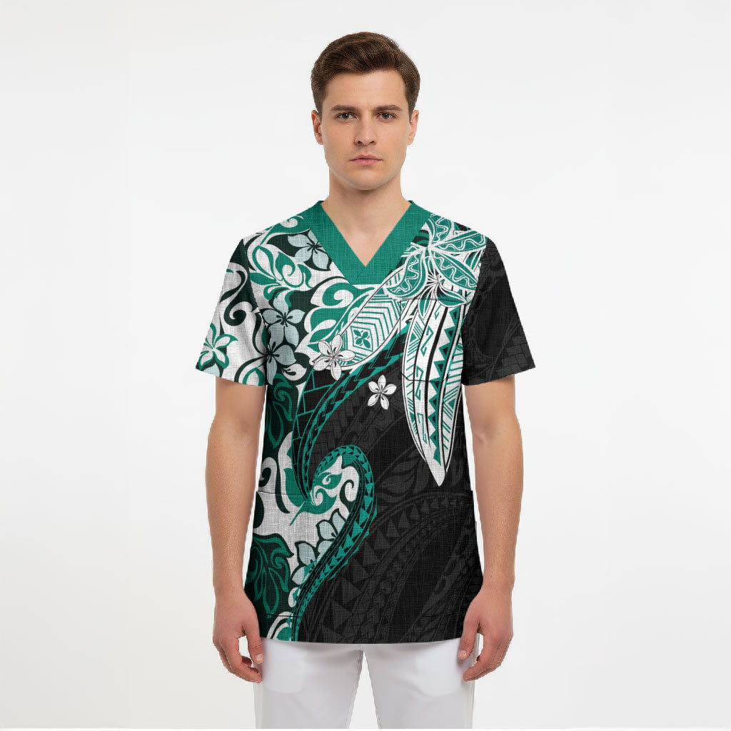 Monstera Plumeria Flowers Teal Scrub Top Polynesian Pattern