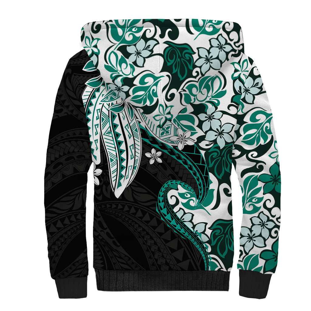 Monstera Plumeria Flowers Teal Sherpa Hoodie Polynesian Pattern