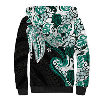 Monstera Plumeria Flowers Teal Sherpa Hoodie Polynesian Pattern
