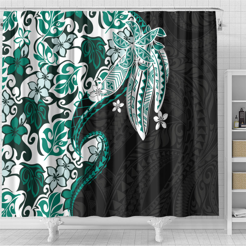 Monstera Plumeria Flowers Teal Shower Curtain Polynesian Pattern