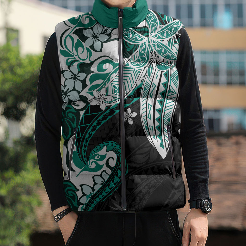 Monstera Plumeria Flowers Teal Sleeveless Puffer Jacket Polynesian Pattern