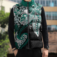 Monstera Plumeria Flowers Teal Sleeveless Puffer Jacket Polynesian Pattern