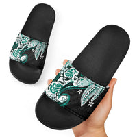 Monstera Plumeria Flowers Teal Slide Sandals Polynesian Pattern