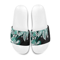 Monstera Plumeria Flowers Teal Slide Sandals Polynesian Pattern