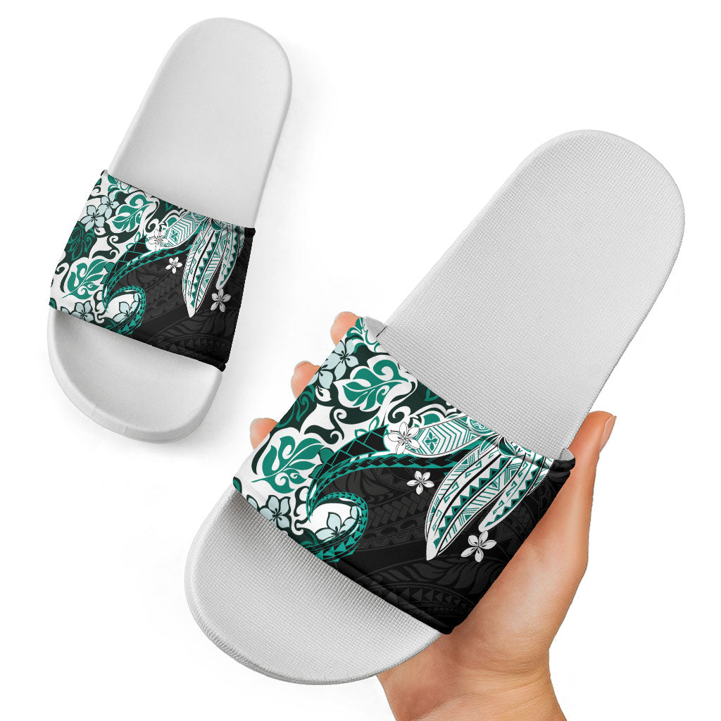 Monstera Plumeria Flowers Teal Slide Sandals Polynesian Pattern