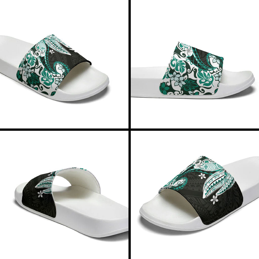 Monstera Plumeria Flowers Teal Slide Sandals Polynesian Pattern