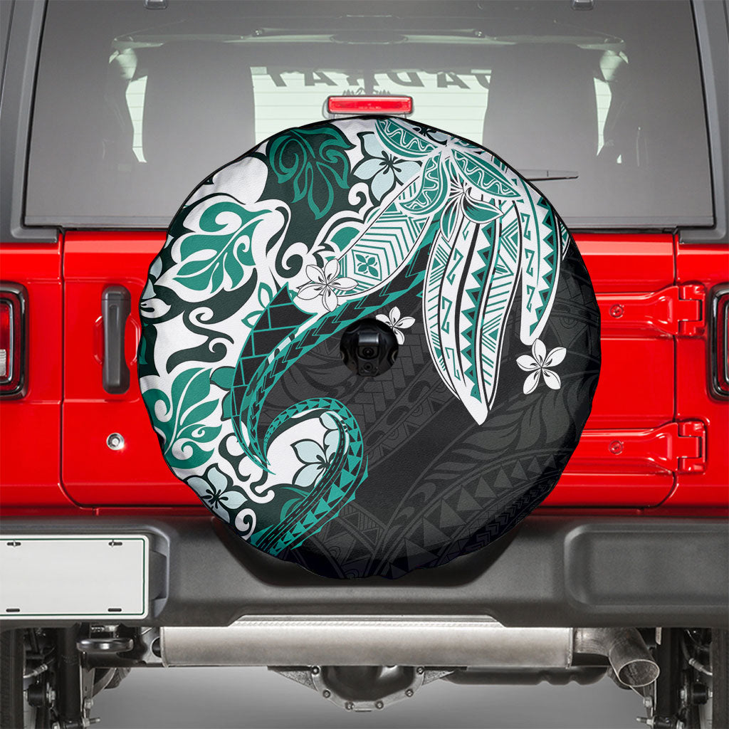 Monstera Plumeria Flowers Teal Spare Tire Cover Polynesian Pattern