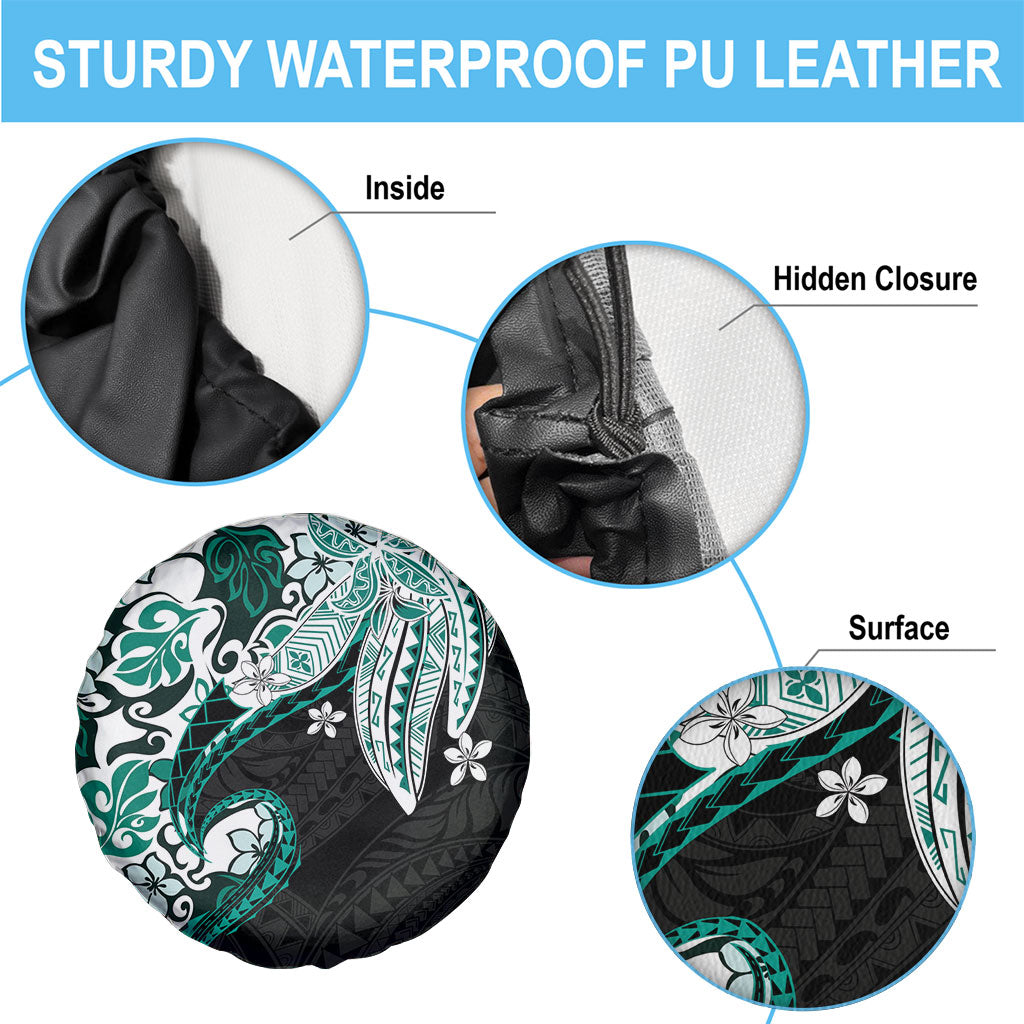 Monstera Plumeria Flowers Teal Spare Tire Cover Polynesian Pattern