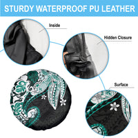 Monstera Plumeria Flowers Teal Spare Tire Cover Polynesian Pattern