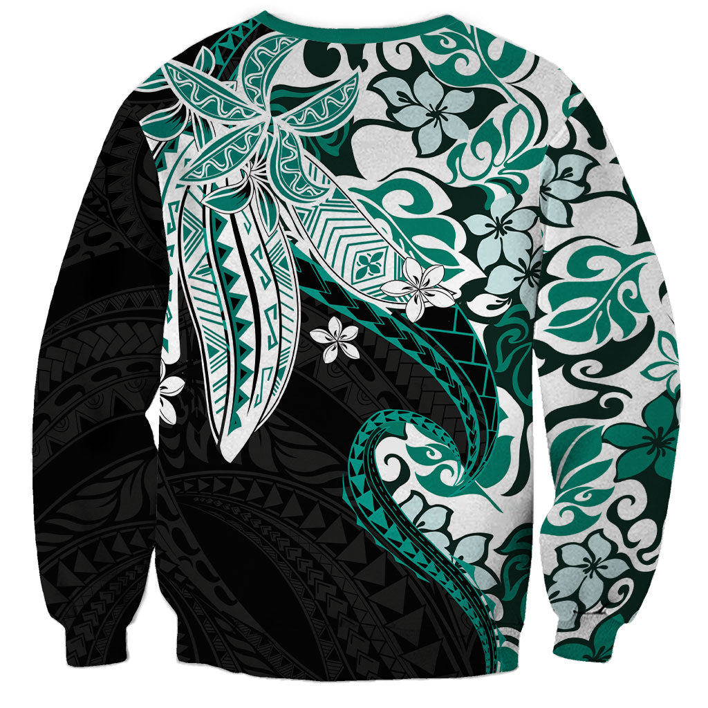 Monstera Plumeria Flowers Teal Sweatshirt Polynesian Pattern