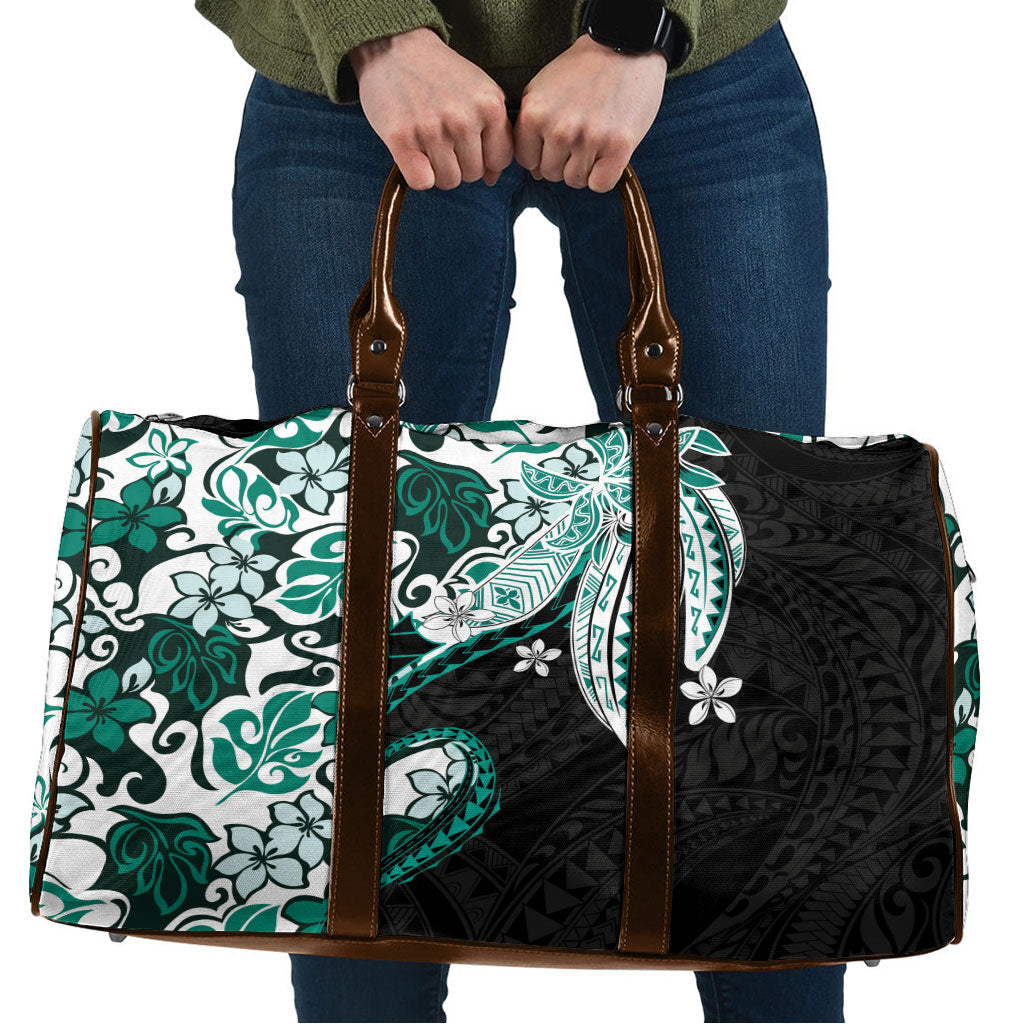 Monstera Plumeria Flowers Teal Travel Bag Polynesian Pattern