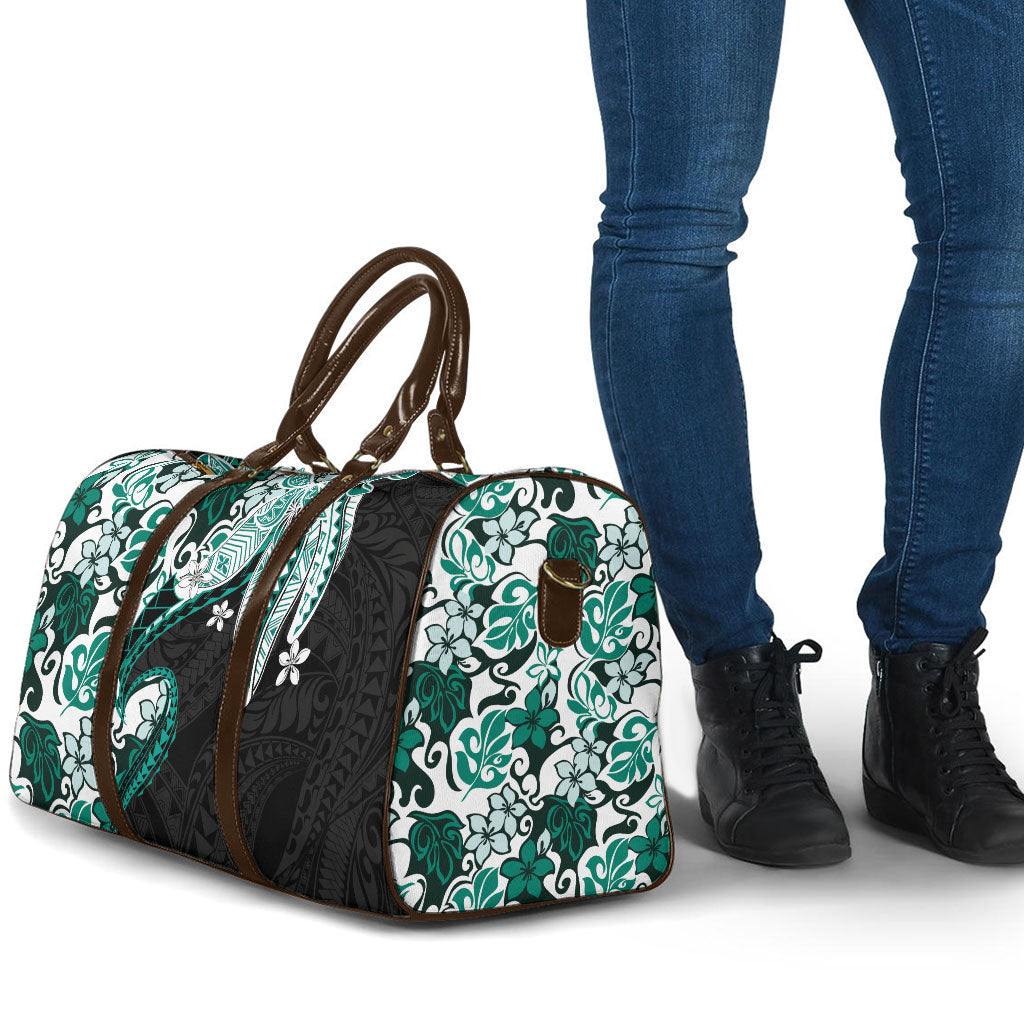 Monstera Plumeria Flowers Teal Travel Bag Polynesian Pattern