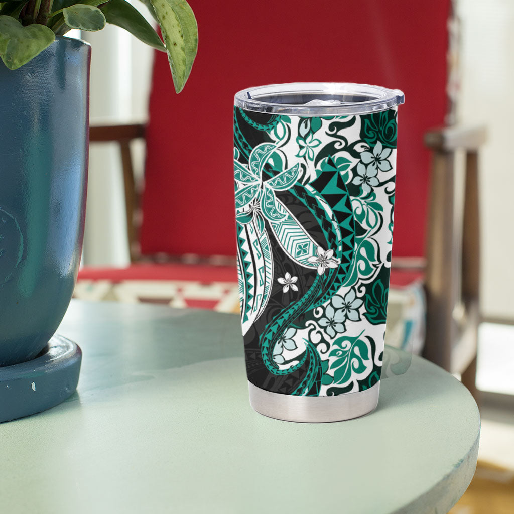Monstera Plumeria Flowers Teal Tumbler Cup Polynesian Pattern