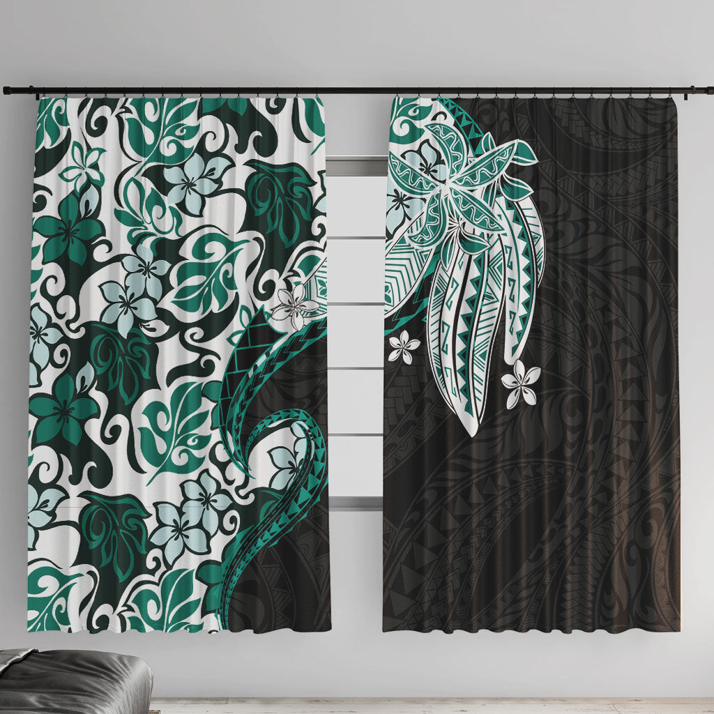 Monstera Plumeria Flowers Teal Window Curtain Polynesian Pattern