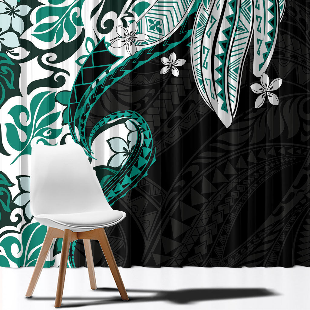 Monstera Plumeria Flowers Teal Window Curtain Polynesian Pattern