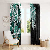 Monstera Plumeria Flowers Teal Window Curtain Polynesian Pattern